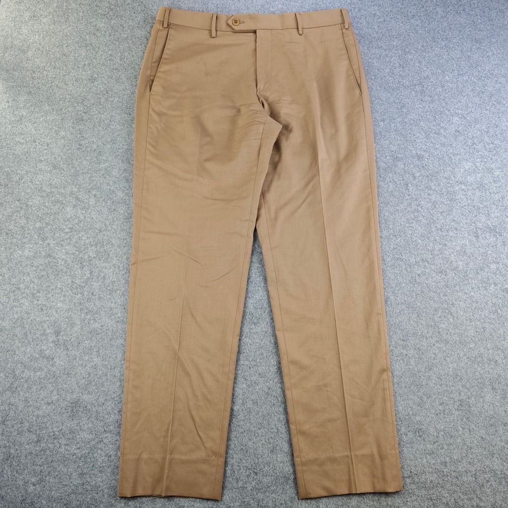 Zanella Parker Flat Front Dress Pants Mens 34 Tan Brown Stretch Waistband Wool